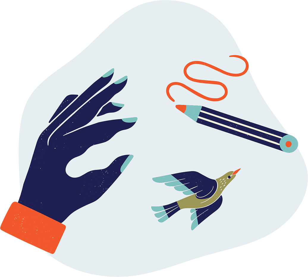 Blue hand reaching for a pencil, with a bird flying by.