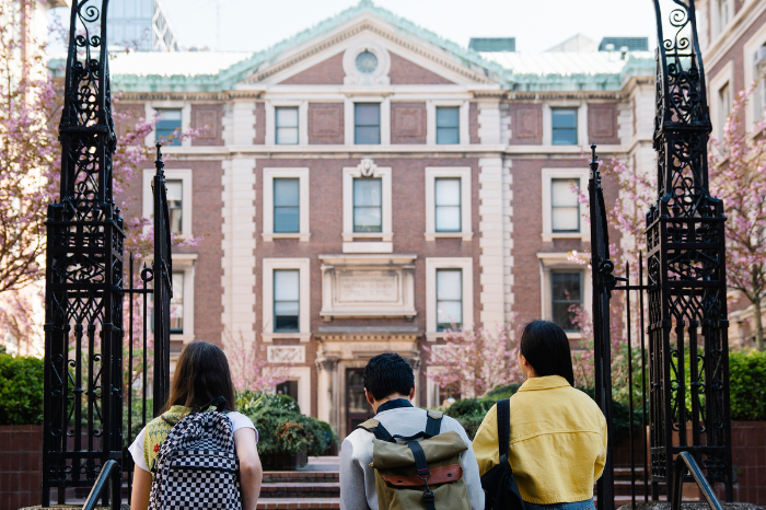 three students climbing stairs toward college building