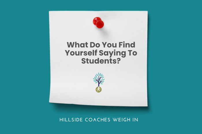 A note push-pinned to a wall that reads, "What Do You Wish You Could Tell Every College-App Writer?" Below the note on the wall, text reads, "Hillside Coaches weigh in."