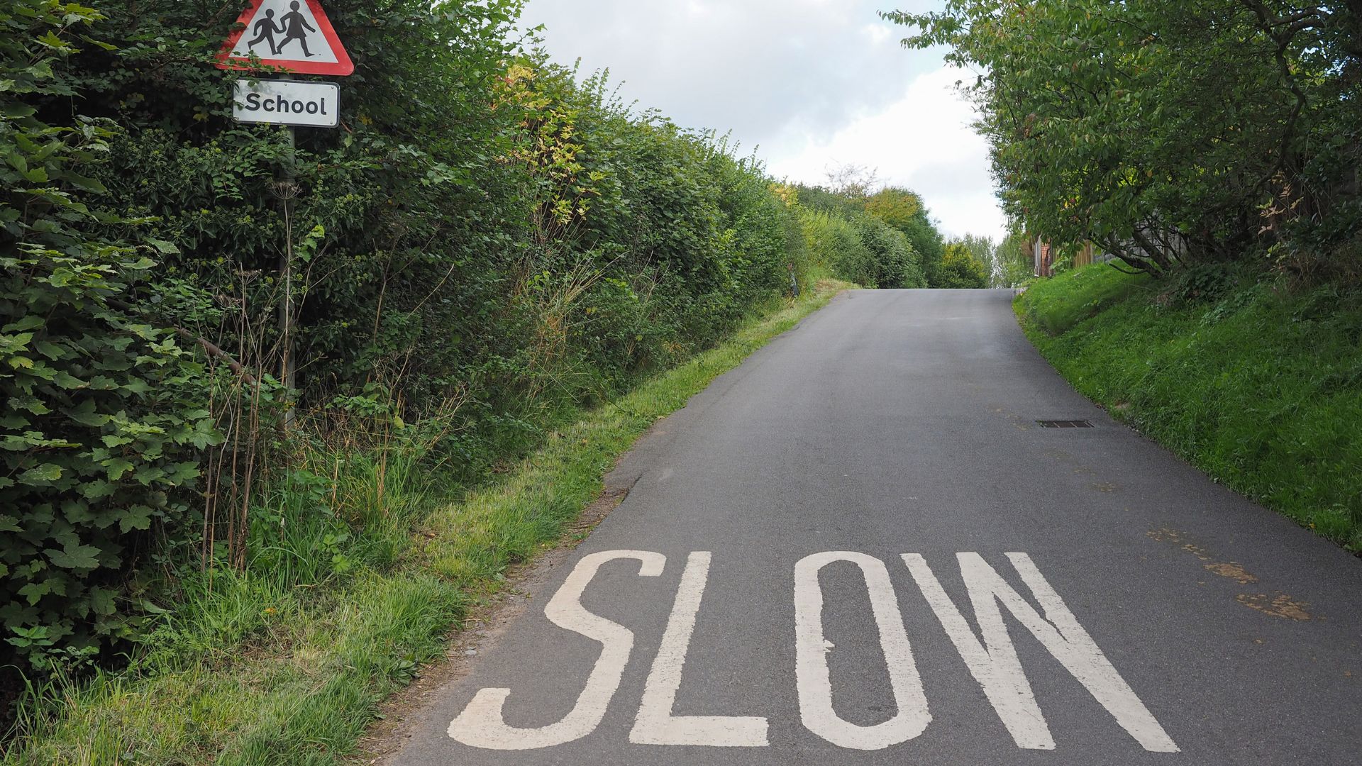 image of a road with SLOW painted on it.